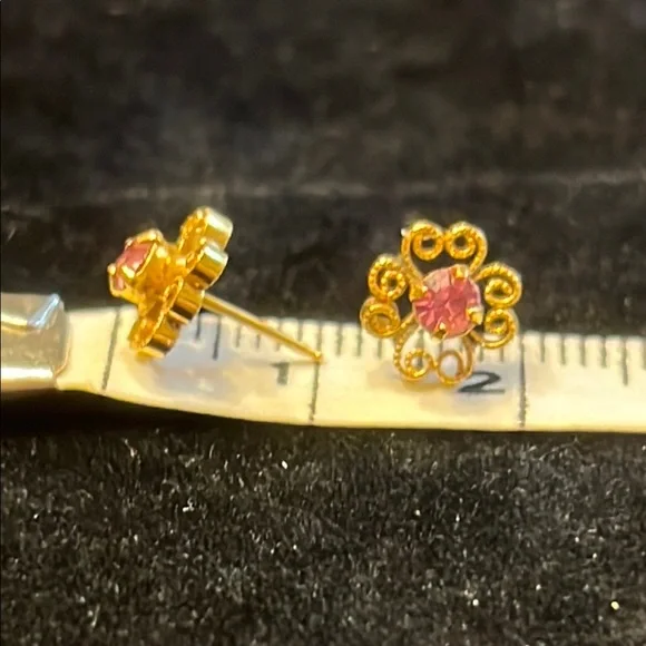 Tiny Gold Plated 925 Scroll Floral Design Pink Stones Earrings - Picture 5 of 5